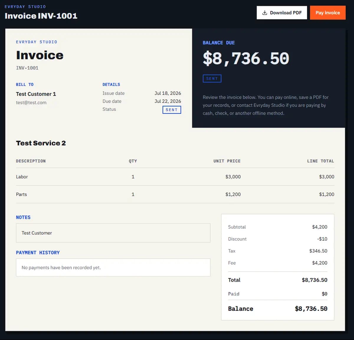 Evryday Invoice customer-facing invoice with line items, balance due, and payment history using demo data.