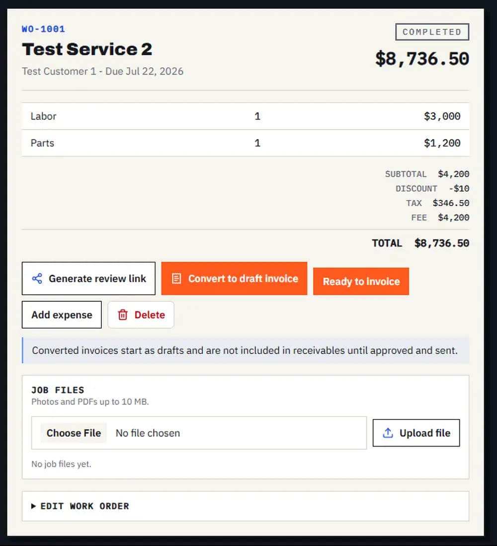 Evryday Invoice completed work order with line items, totals, and invoice conversion actions using demo data.